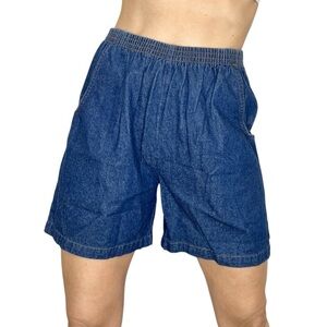 Vintage style 100% cotton denim high rise gathered baggy pull on long shorts S